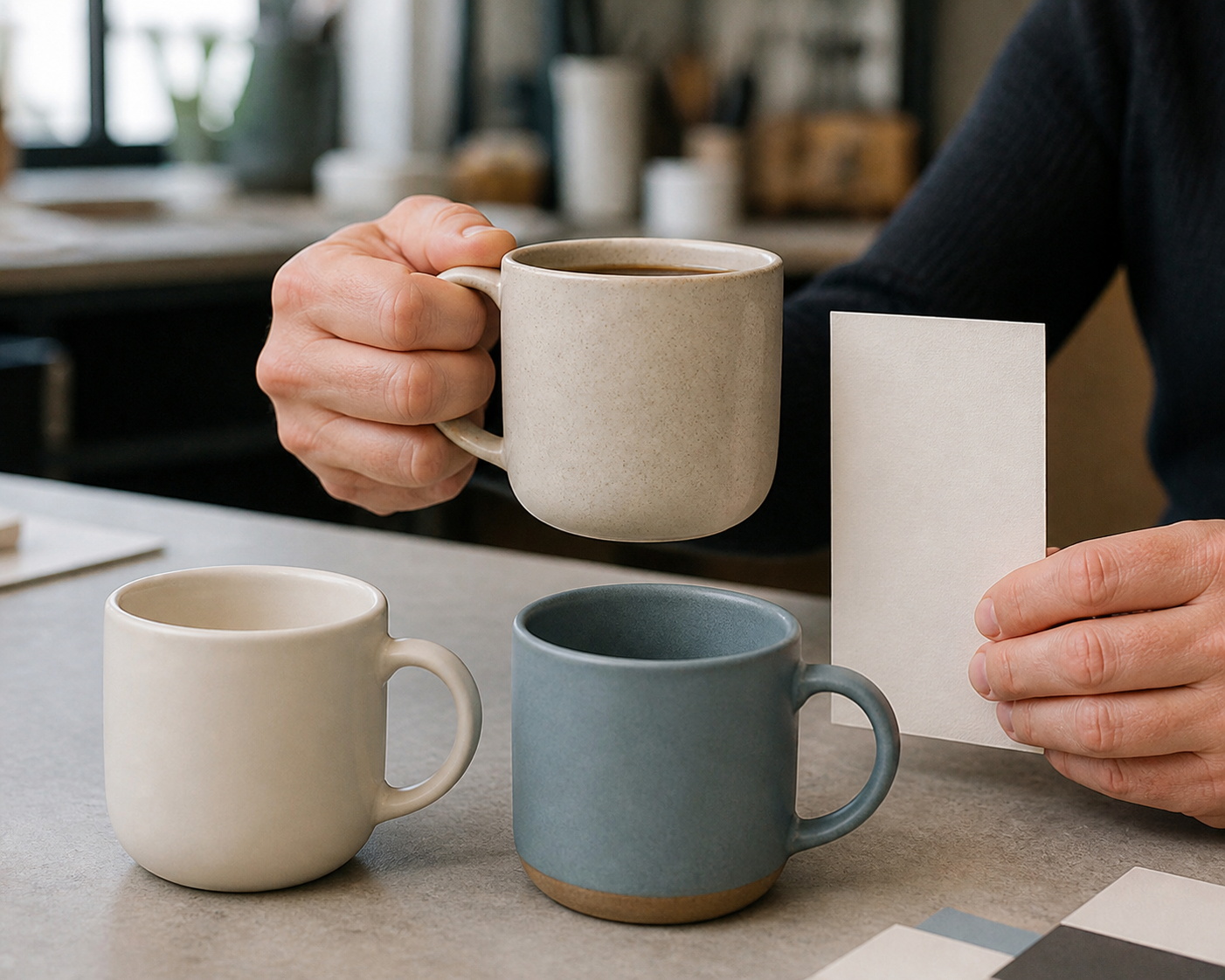 Product developer testing finger clearance and balance on several fired ceramic mug handles with measured serving volume