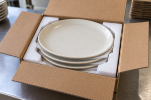 Ceramic plates with thin protective separators and fitted corner supports inside a shallow, close-fitting carton