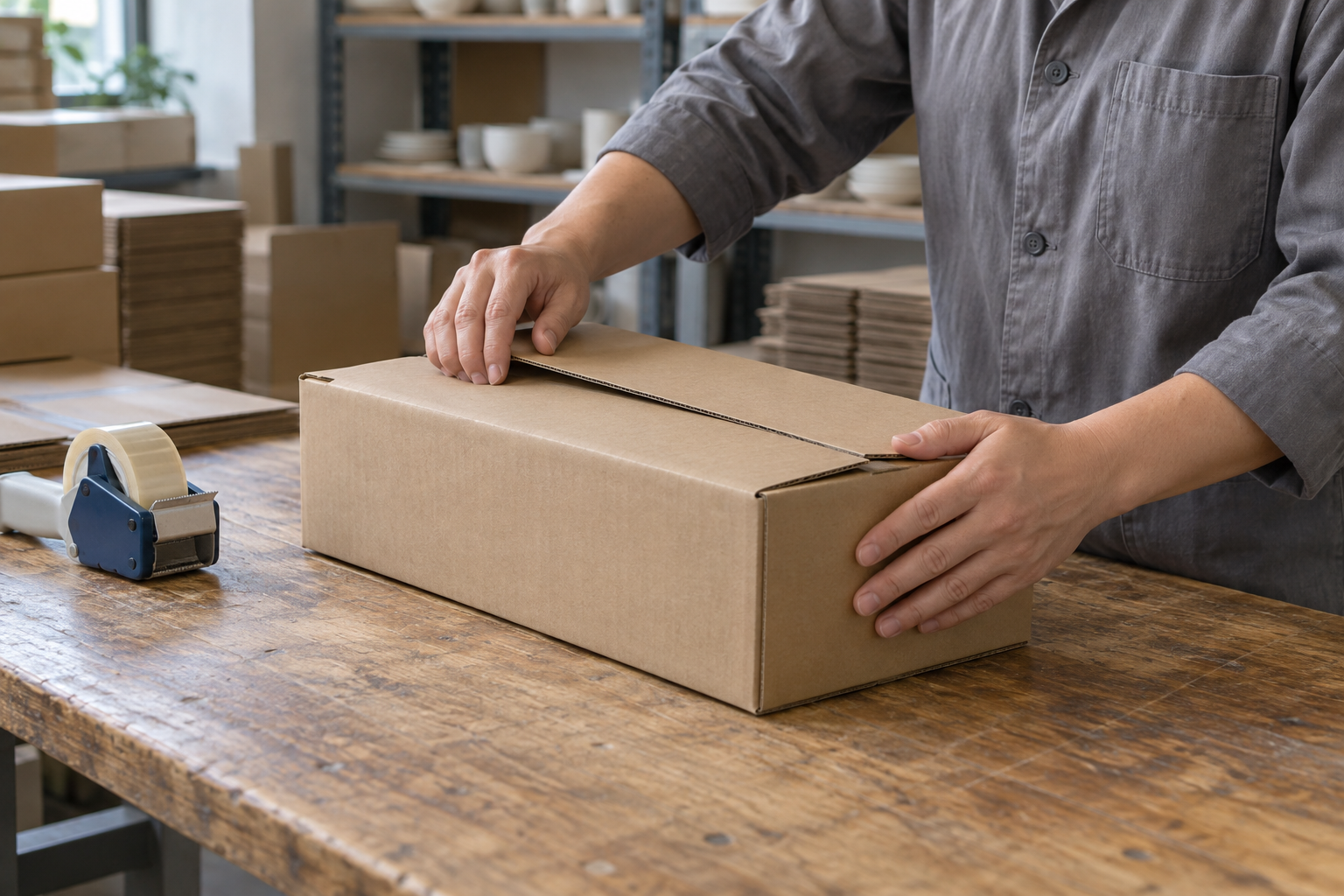 A packing worker gently closing the flaps of a compact dinnerware carton by hand on a simple factory workbench