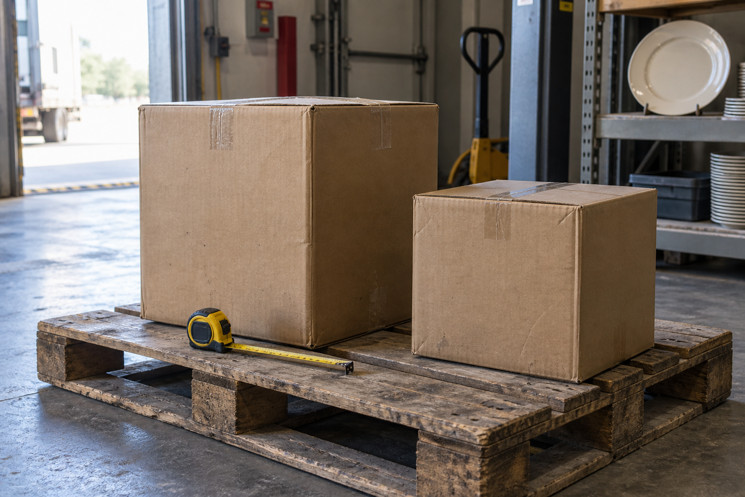 Two closed corrugated dinnerware cartons of different sizes sit beside a tape measure in an ordinary dispatch area
