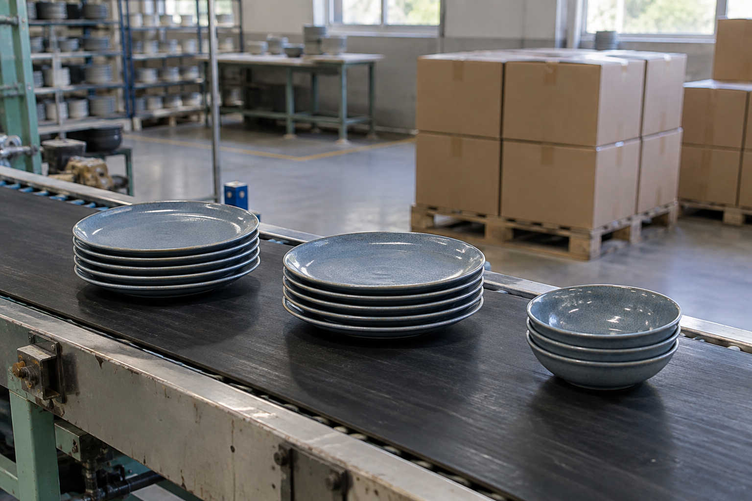 Two low stacks of blue-gray dinner plates and a smaller stack of matching bowls wait in a factory packing area