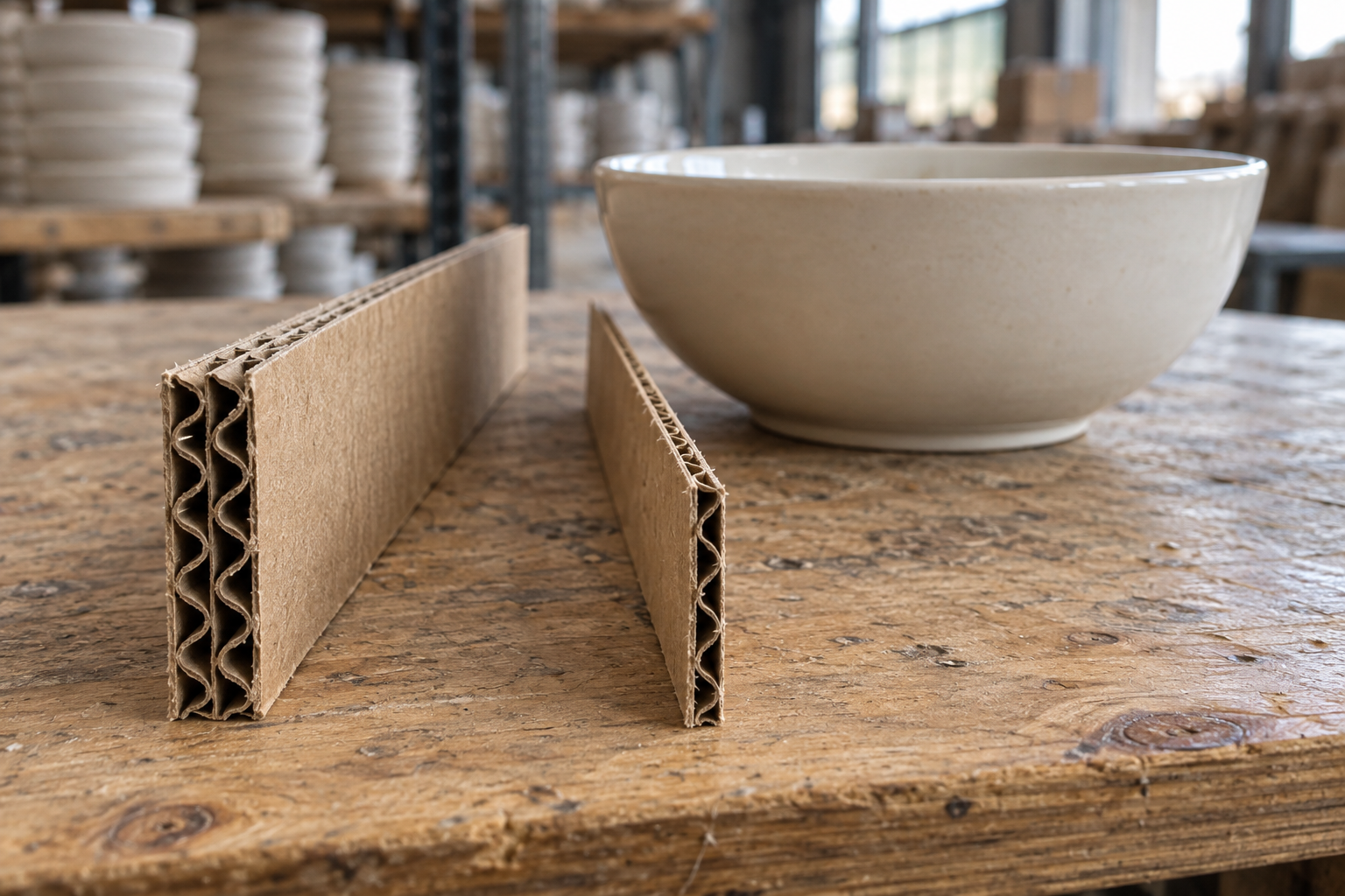 Two corrugated divider samples of different thickness stand beside a cream ceramic bowl in a packing workshop