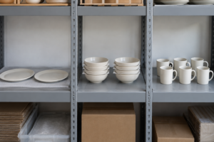 Warehouse picking shelf with a nearly empty bay of cream dinner plates beside fuller bays of matching bowls and mugs