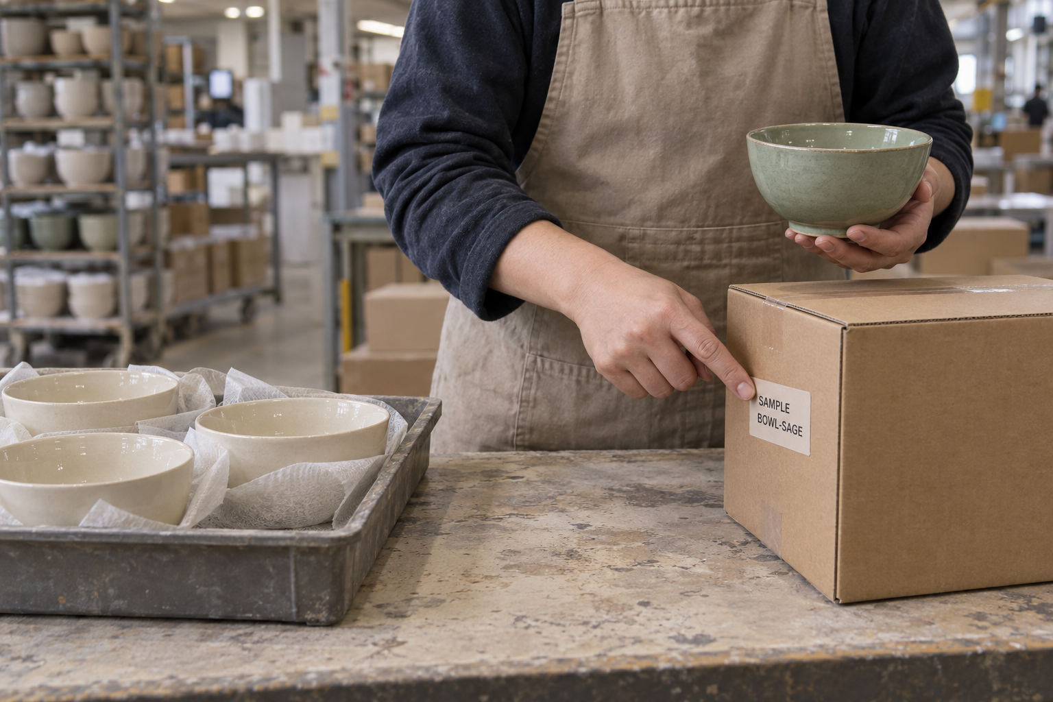 Packing worker comparing a sage ceramic bowl with its carton label beside a separate tray of cream bowls