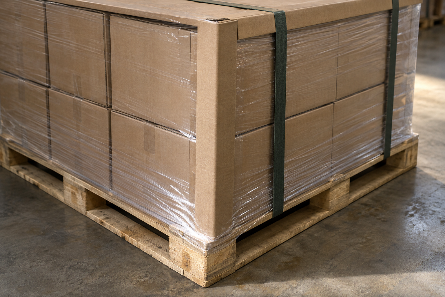 Close view of corrugated carton corners, protective edge boards and stretch wrap on a ceramic dinnerware pallet