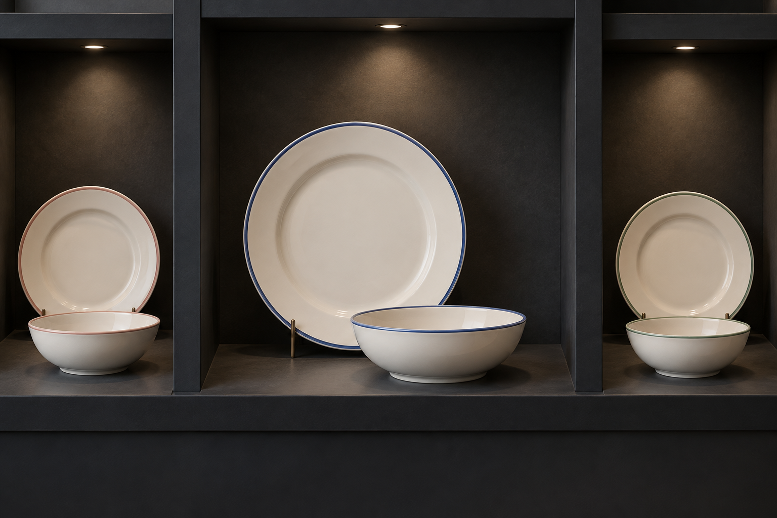 Retail display with matching blue-rim cream plates and bowls beside muted green and pink versions of the same shapes