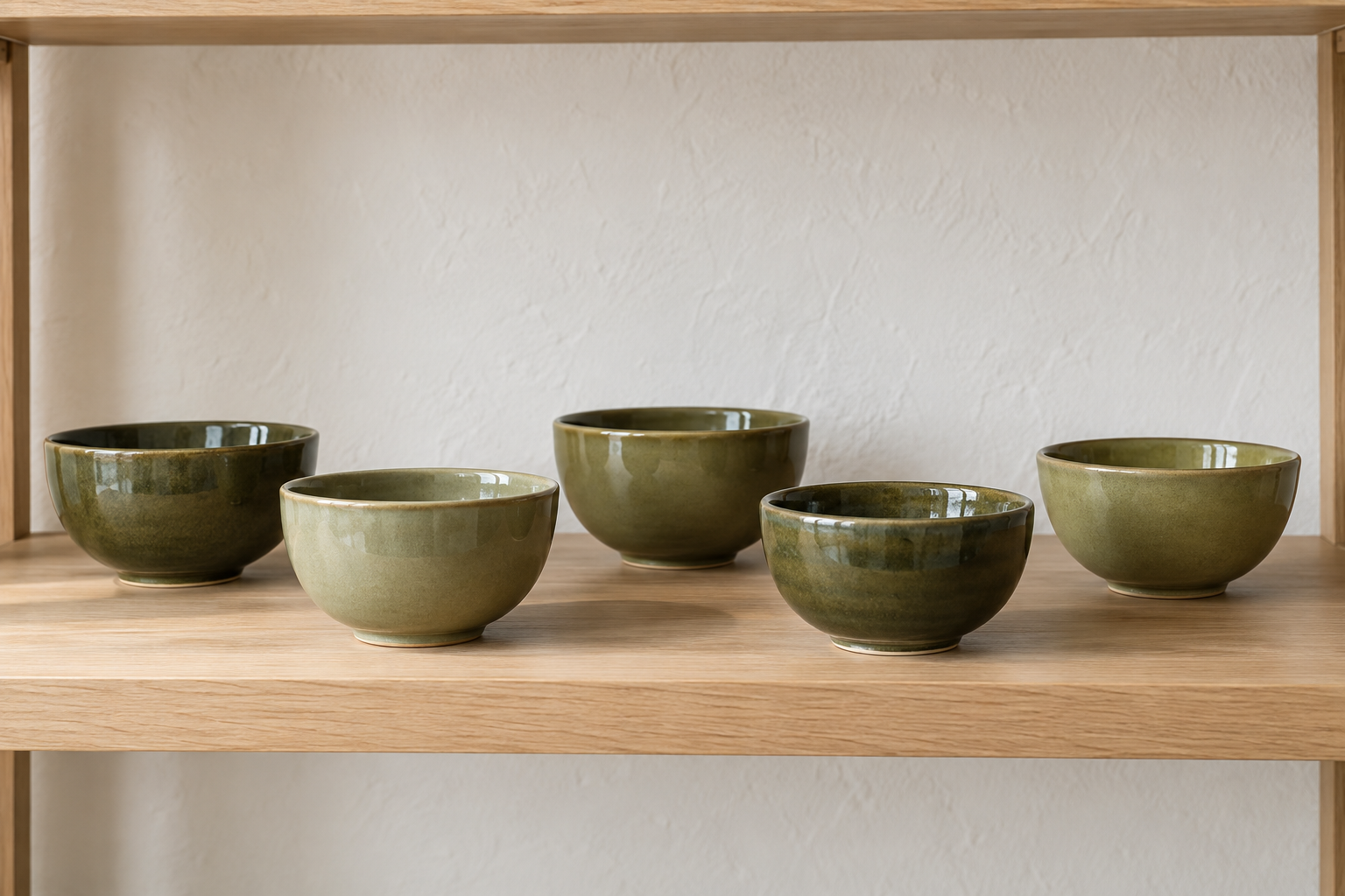 Small retail shelf of olive ceramic bowls in subtle approved shade variations prepared for honest product photography