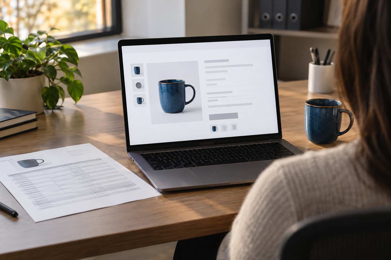Product editor reviewing a ceramic mug listing on a laptop beside a printed specification sheet and the blue mug