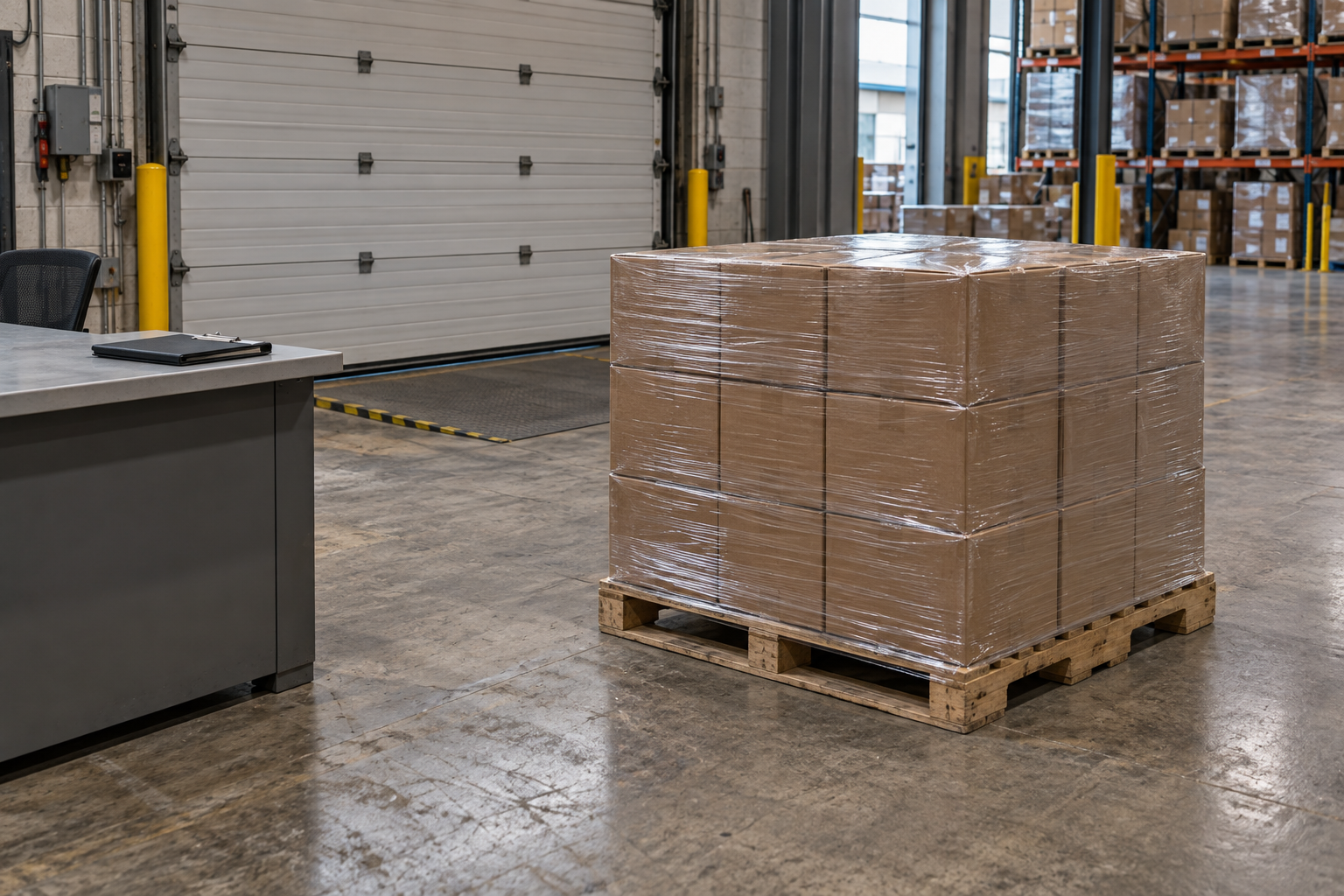 Wrapped cartons on a pallet beside a receiving desk in a warehouse prepared for a holiday dinnerware delivery