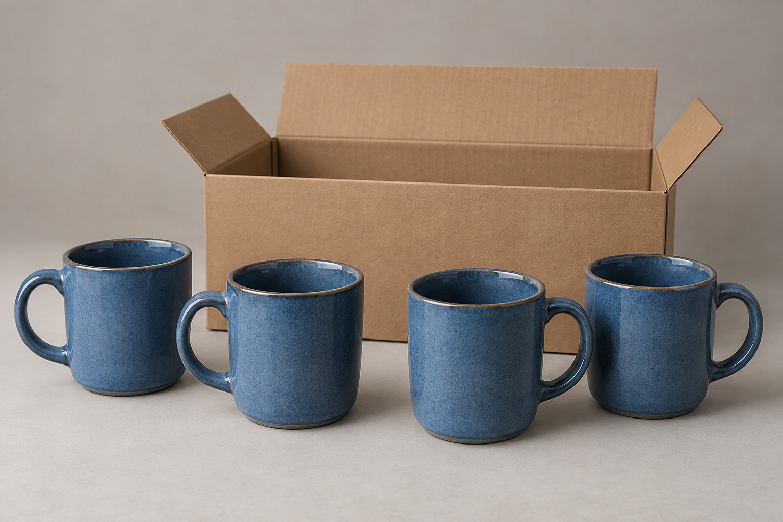 Four blue ceramic mugs arranged in front of one open retail box, making the contents of a four-piece pack clear