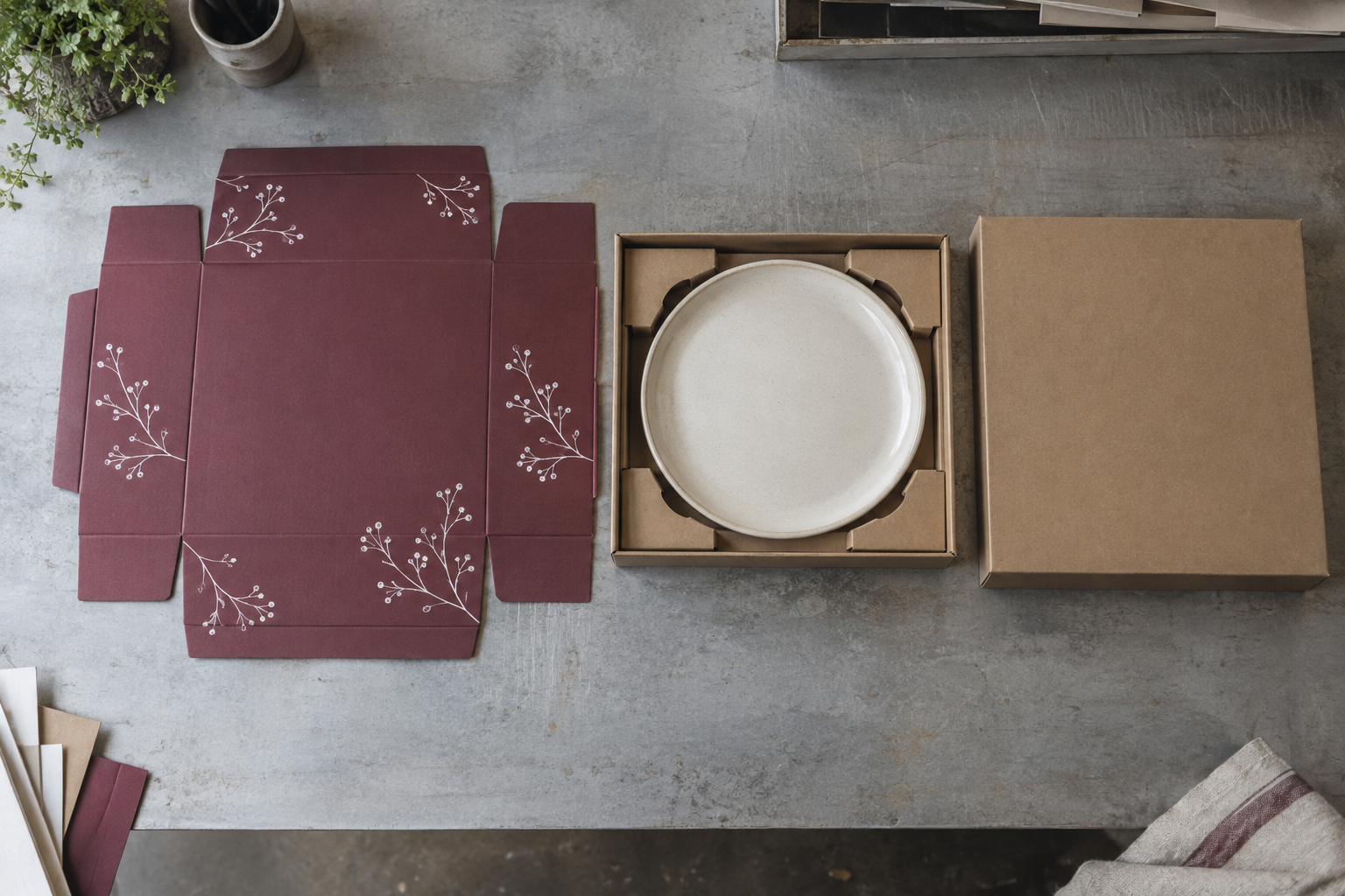 Overhead view of unfolded festive box artwork beside a fitted ceramic plate box during holiday packaging approval