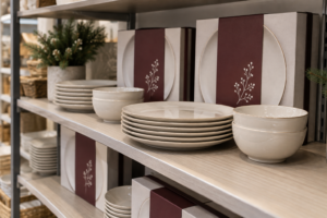 Cream ceramic dinnerware and burgundy gift sleeves arranged on a retail shelf for a planned holiday collection launch