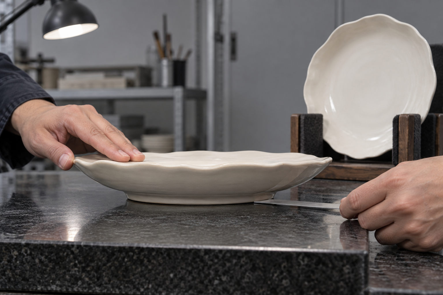 Quality technician checking an irregular ceramic plate foot for rocking and fired warpage on a flat granite surface