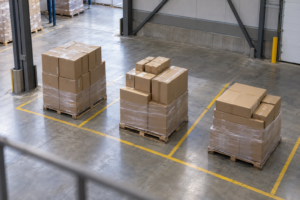 Elevated view of separate wrapped carton pallets in a freight consolidation area before shared container loading