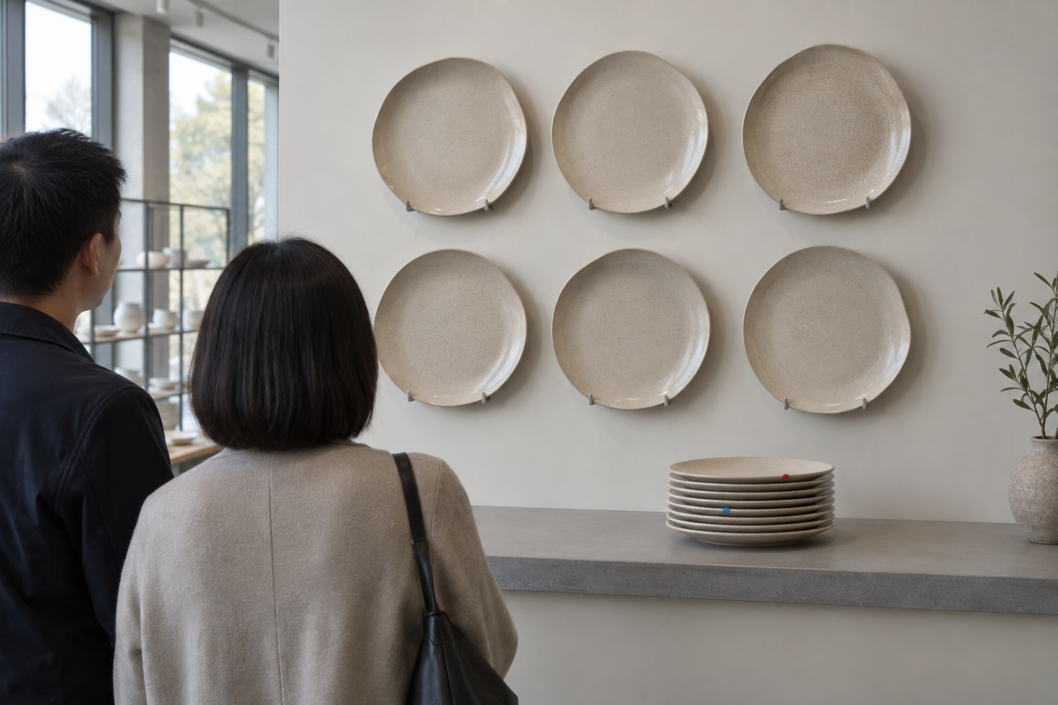 Buyer reviewing a grid and service stack of organic ceramic plates for set matching, lean, and rim contact points