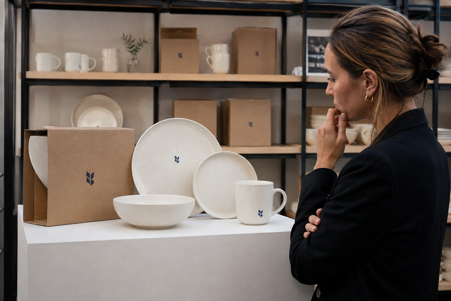Buyer reviewing balanced logo visibility across a coordinated ceramic plate, bowl, mug, and retail package display