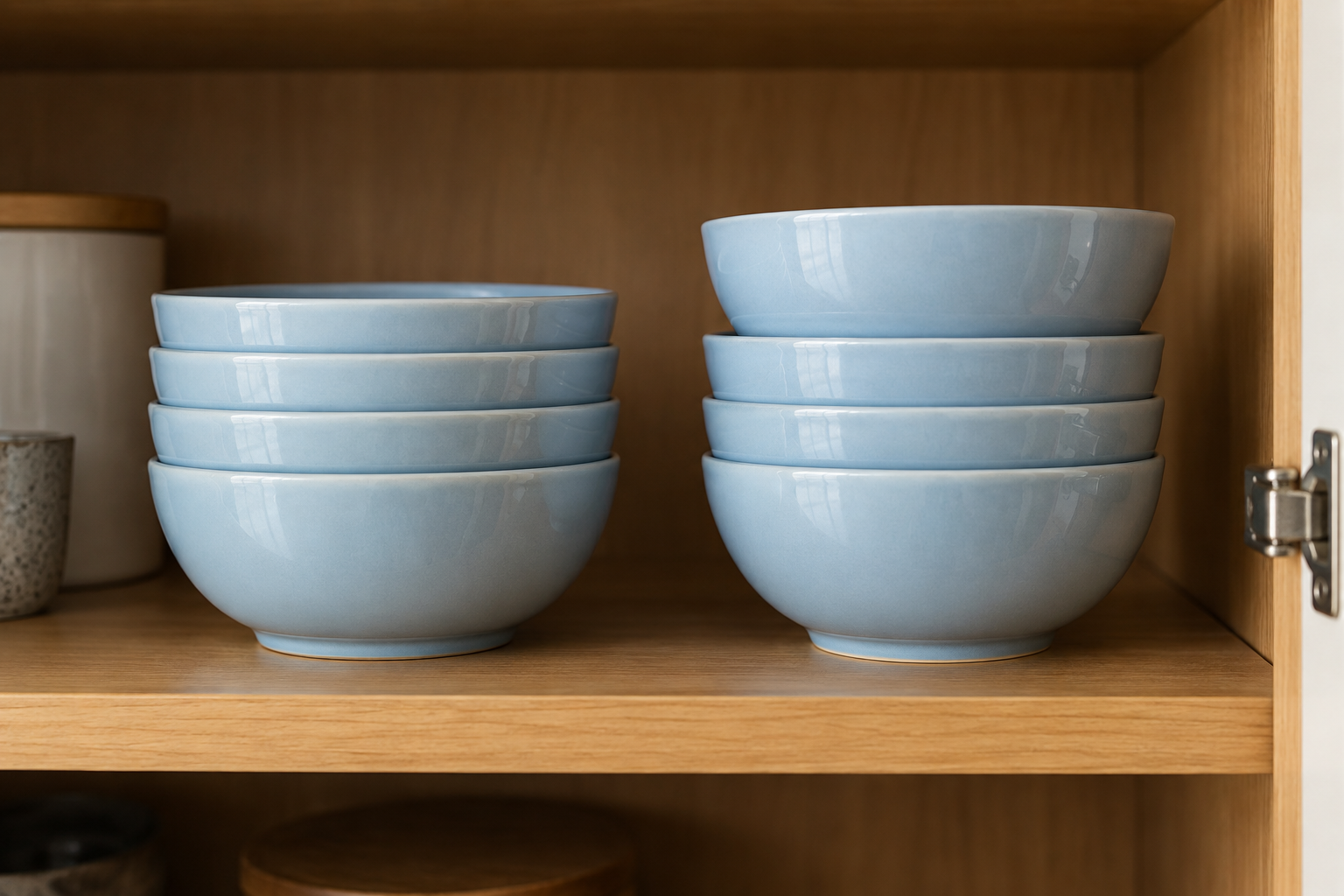 Side view of two ceramic bowl stacks showing a consistent nesting profile beside a stack with one raised bowl