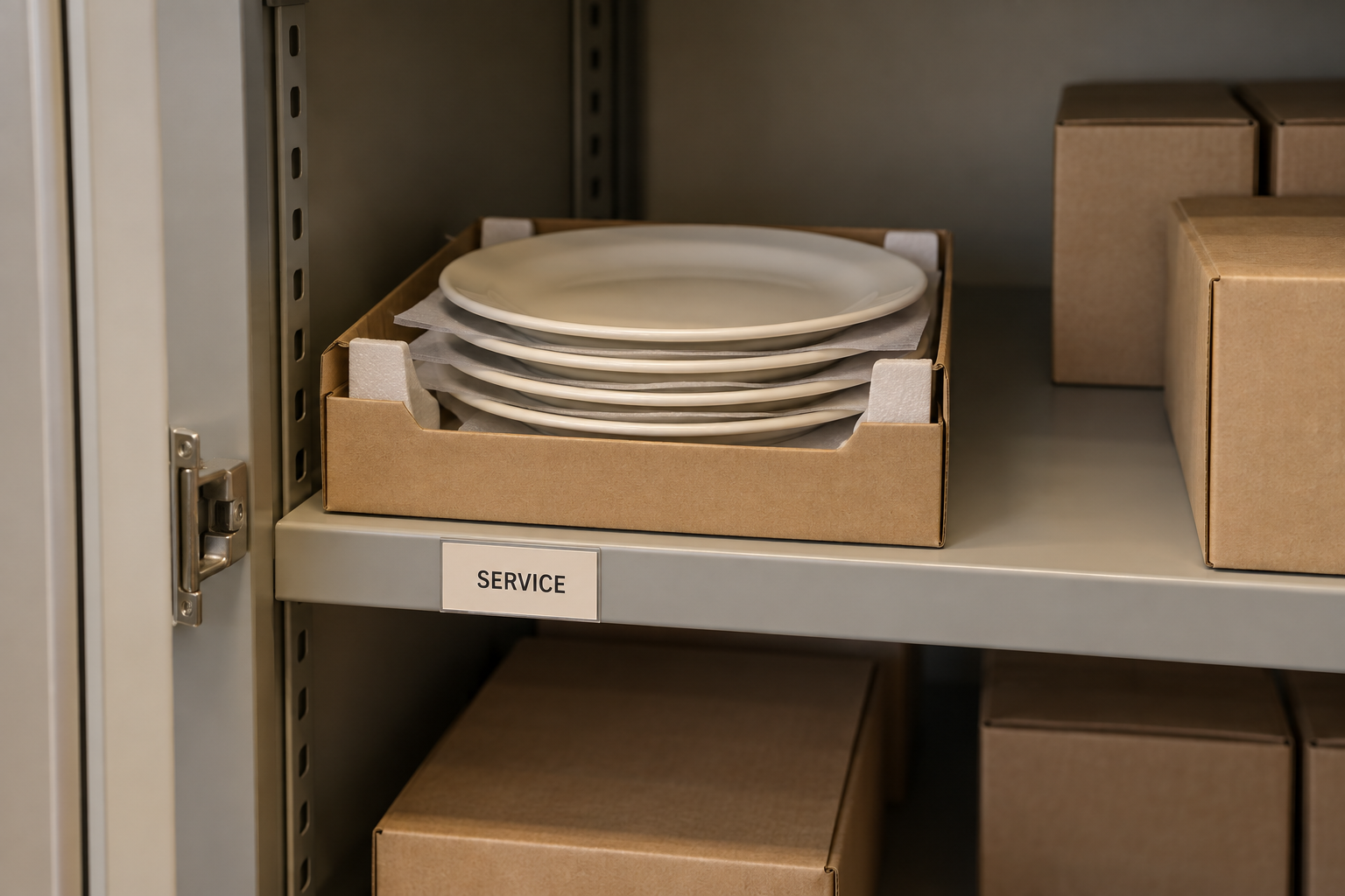 Reserved cream replacement plates separated by protective sheets in a small tray on a dedicated stockroom shelf