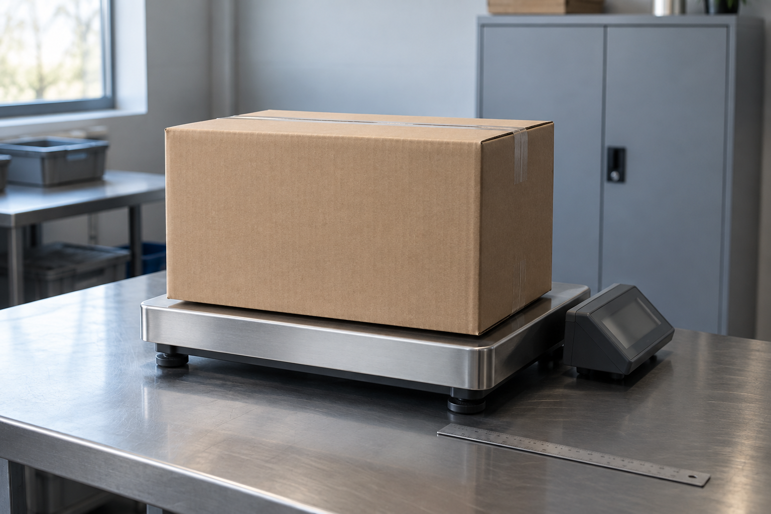A sealed ceramic dinnerware carton on a bench scale beside a flat measuring rule in a packaging development room