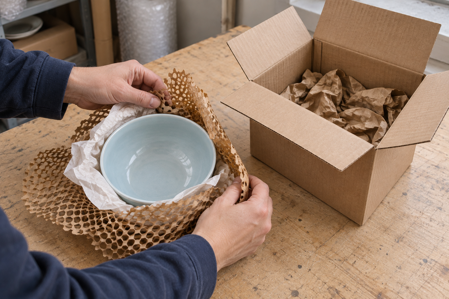 Worker wrapping a blue ceramic bowl in tissue and honeycomb paper beside an open shipping carton with paper cushioning