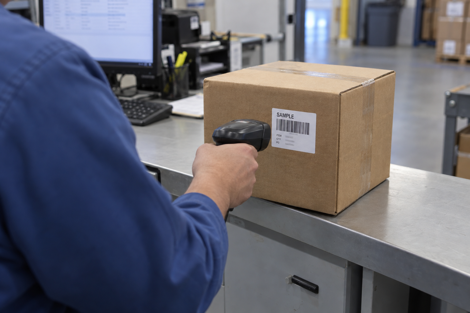 Warehouse worker holding a barcode scanner toward a label on a sealed ceramic dinnerware carton at a receiving station