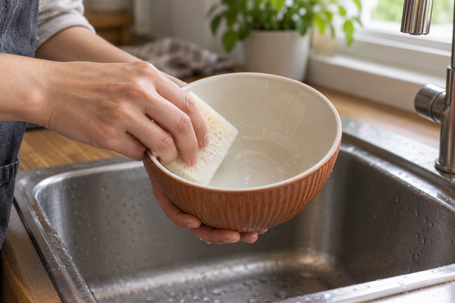 Hands gently cleaning the inside of a ribbed ceramic breakfast bowl with a soft sponge beside a kitchen sink