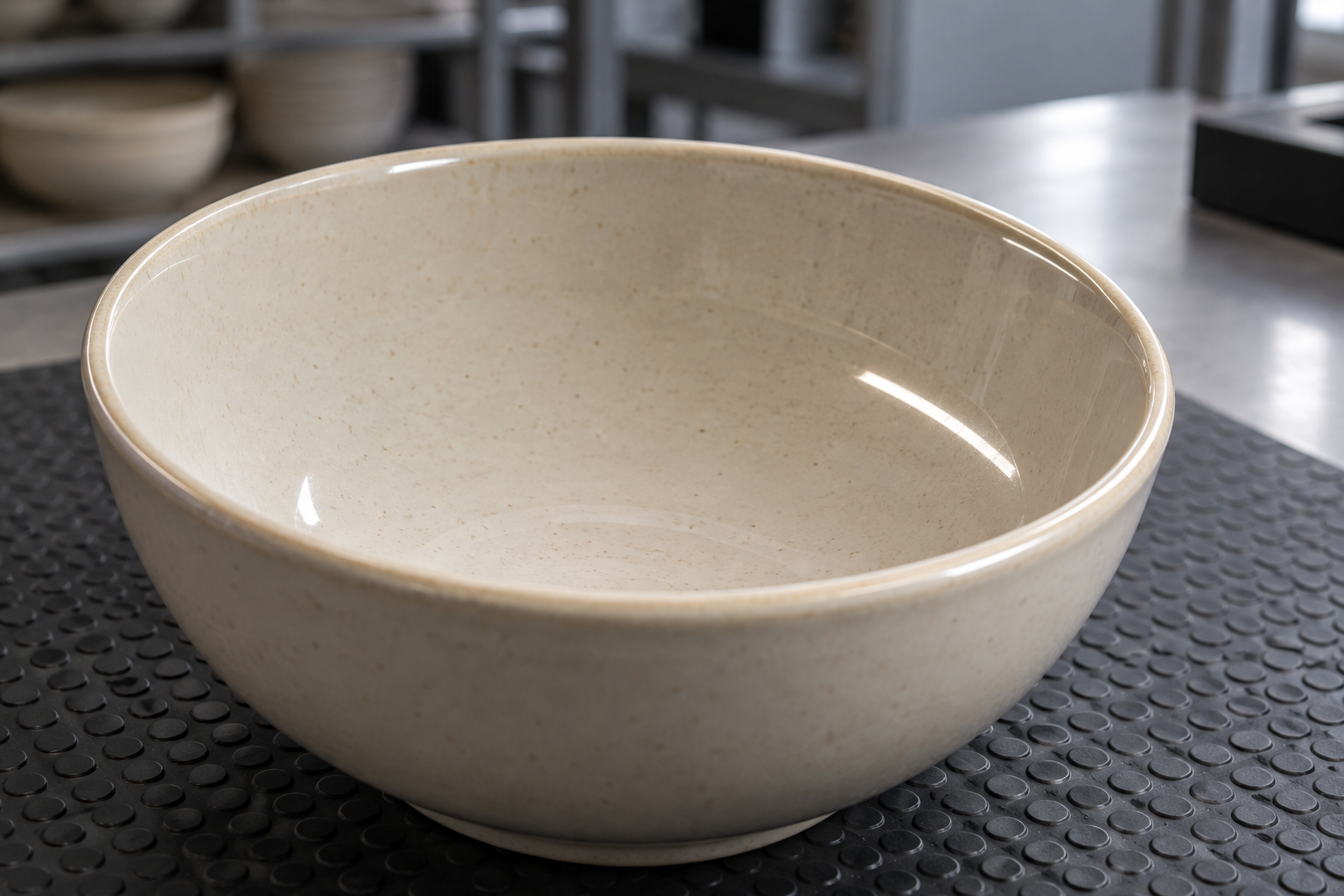 Close view of a glazed stoneware bowl under a strip inspection light, with its rim and inner surface clearly visible