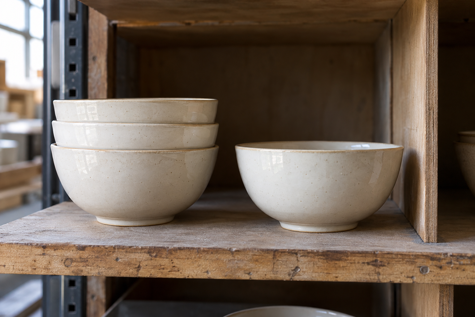 Single cream stoneware bowl beside matching bowls in an open stockroom cubby, showing an individual replacement option