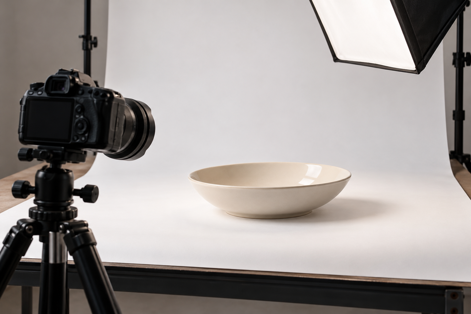 Camera and softbox facing an ivory ceramic pasta bowl on a white sweep to capture its shape and glossy surface