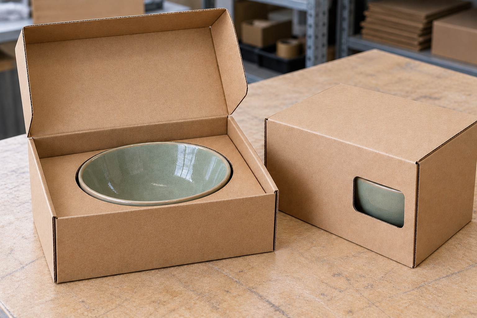 Sage ceramic bowl seated in a round opening in a flat cardboard insert inside an open retail box beside a window pack