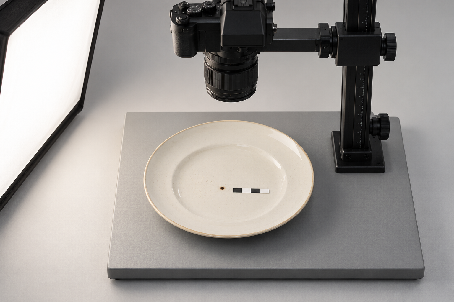 Camera on a copy stand above a cream ceramic plate with a small dark spot and a scale beside it for a defect record