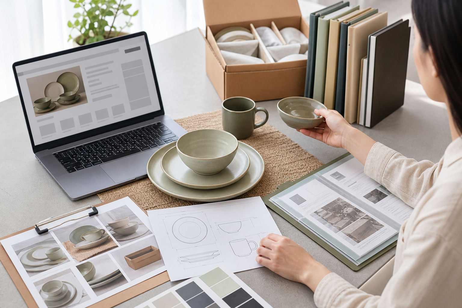 Buyer comparing ceramic dinnerware samples with a marketplace listing, product photos, specification sheets, and packaging