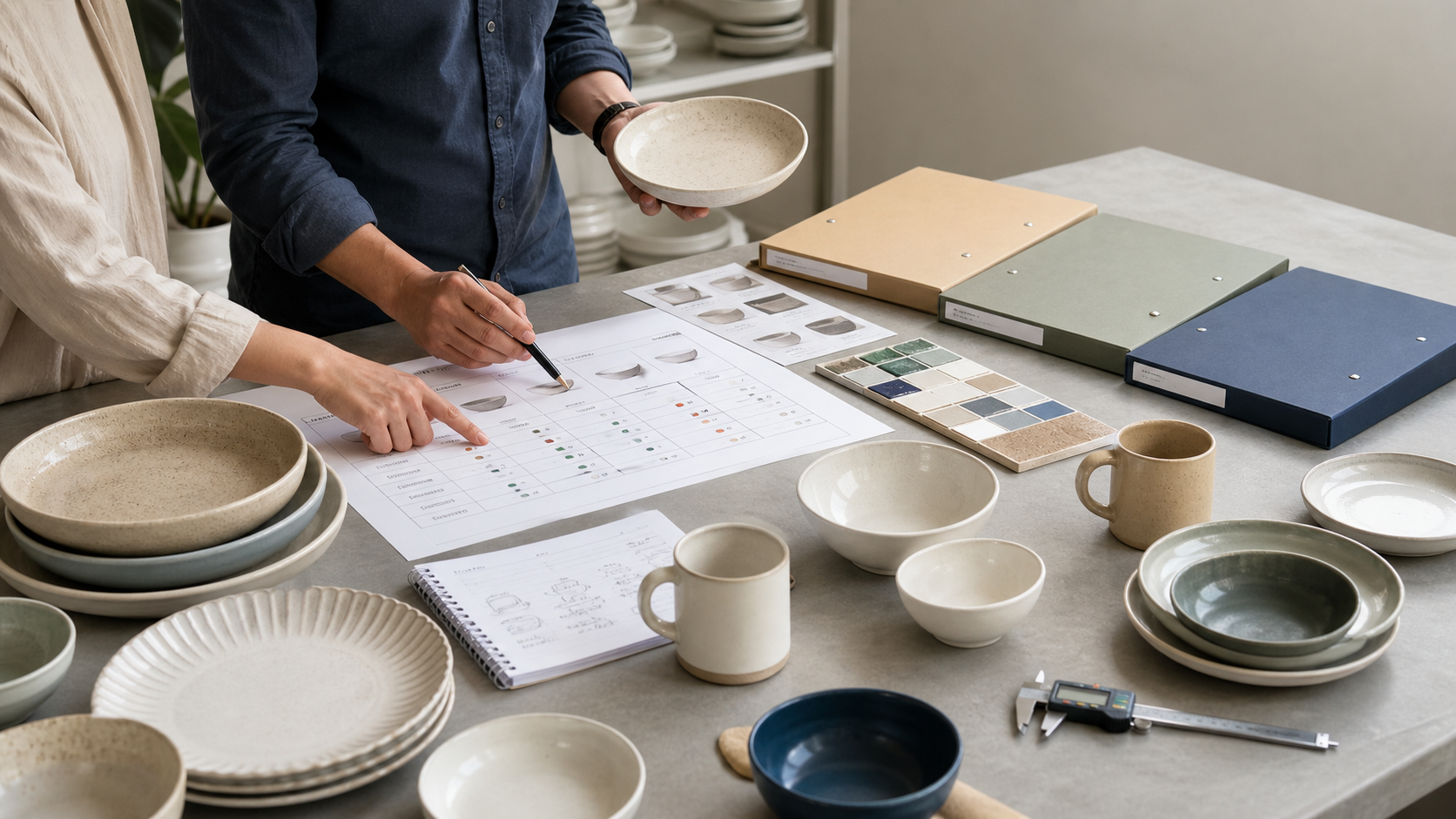 Buyer comparing ceramic dinnerware supplier models with samples, glaze swatches, and sourcing notes on a table