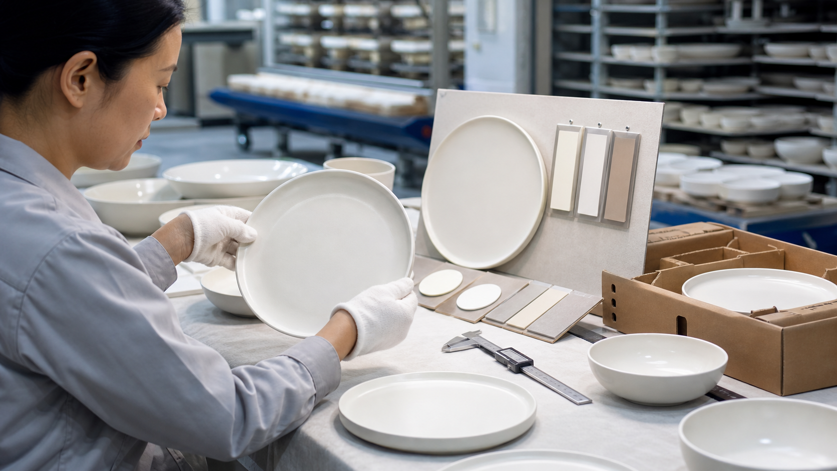Ceramic factory inspector checking dinnerware plates against master samples and packaging during QC review