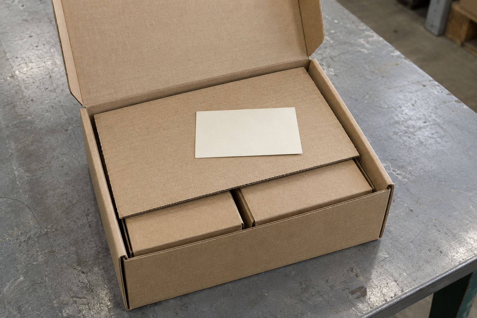 Plain story card resting on a flat protective layer above two closed inner boxes in a kraft ceramic gift box