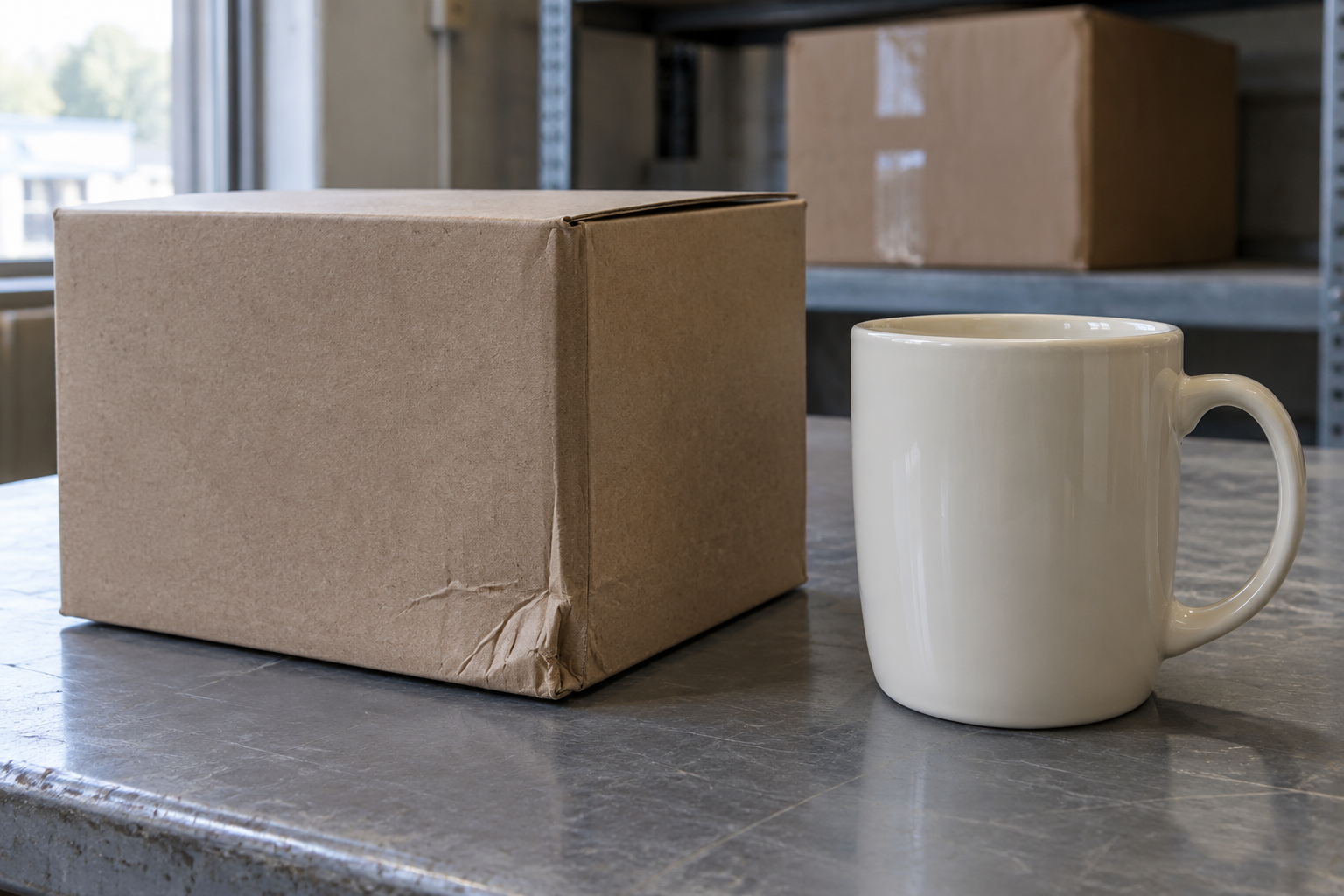 Close view of a scuffed kraft gift-box corner beside an intact ceramic mug during a warehouse presentation review