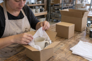 Worker folding paper around a cream ceramic mug in a corrugated inner box at a used factory packing bench