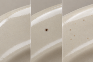 Three close views of cream dinnerware glaze comparing small open pinholes, a dark brown spot, and fine iron specks