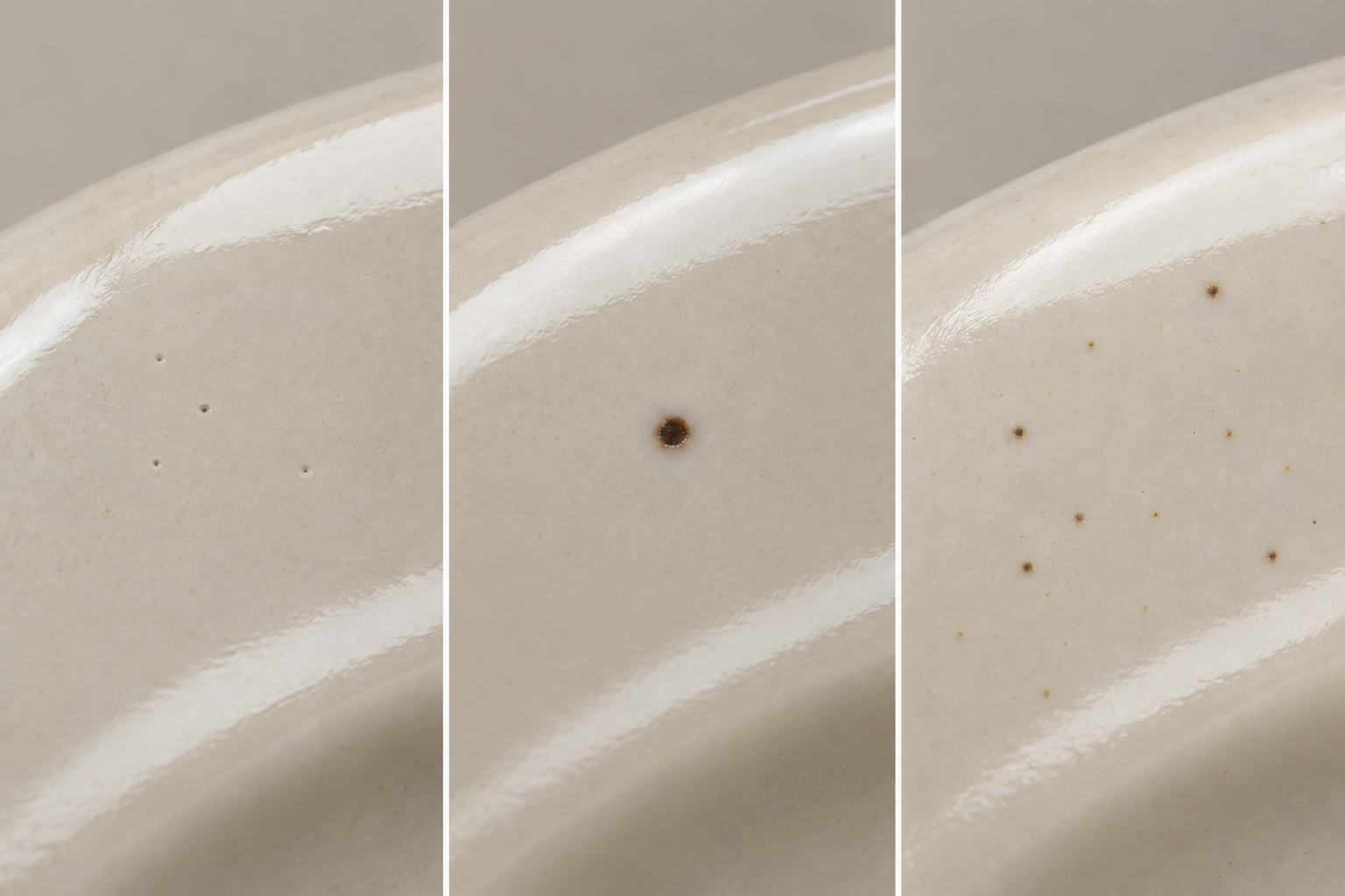 Three close views of cream dinnerware glaze comparing small open pinholes, a dark brown spot, and fine iron specks