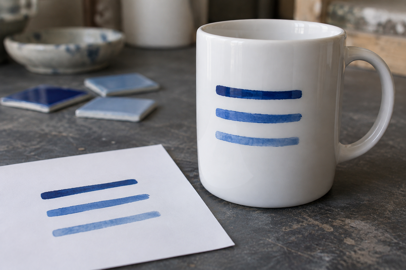 Close view of blue ceramic decoration test lines on a white mug beside a matching paper artwork proof in a design studio