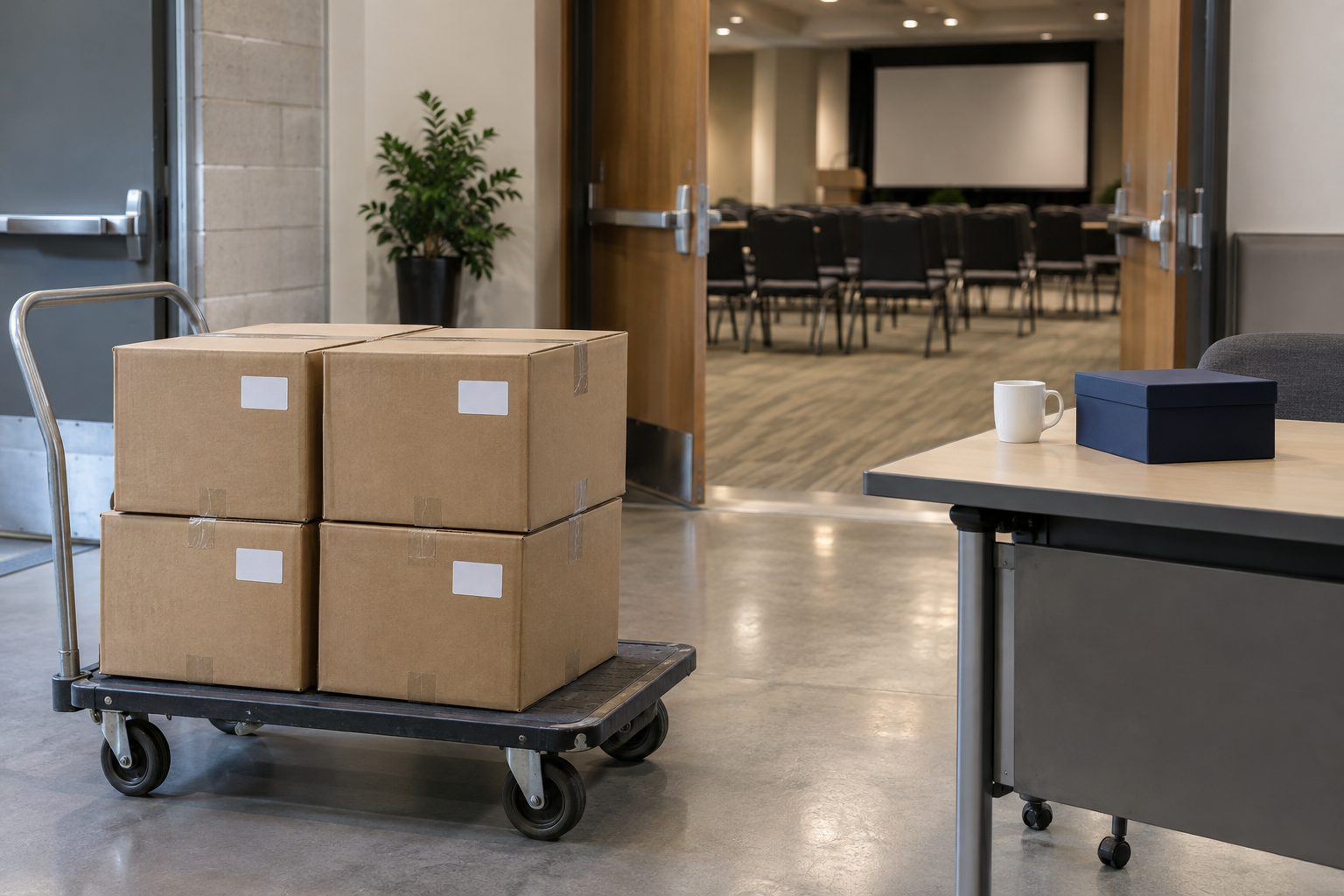 Closed shipping cartons on a trolley at an office event receiving area, with one ceramic mug on a nearby check-in desk