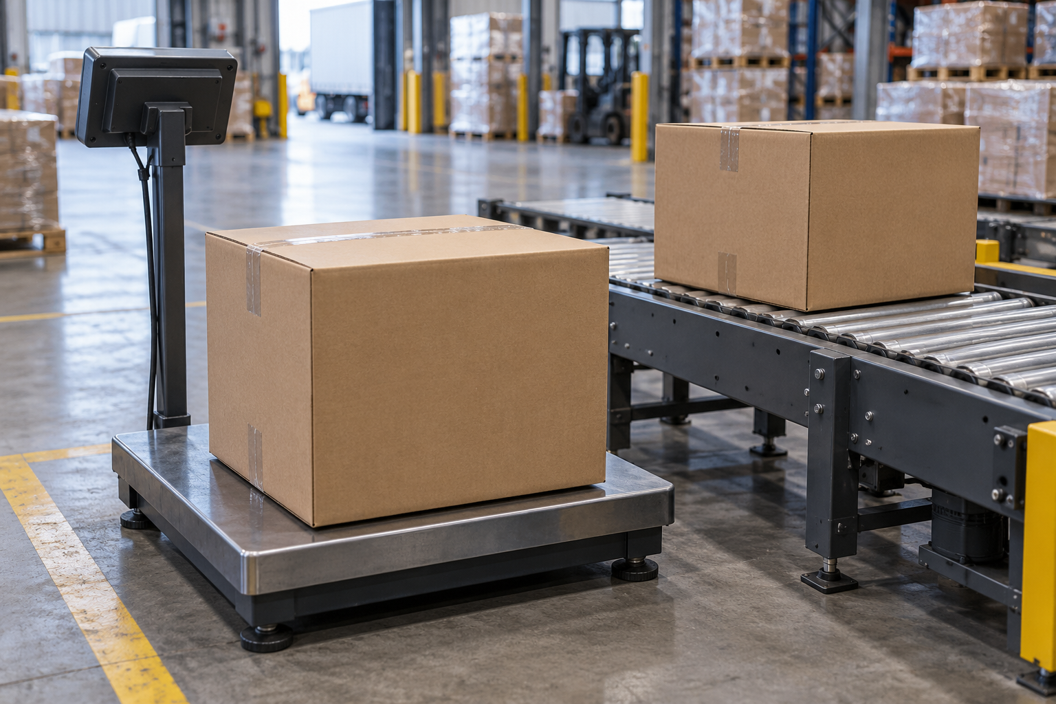 Closed dinnerware shipping carton on a warehouse platform scale with a second matching carton ready for comparison