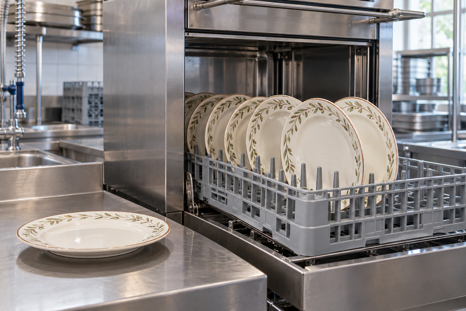 Decorated ivory ceramic plates spaced in a commercial dishwasher rack beside a matching plate on a steel counter.