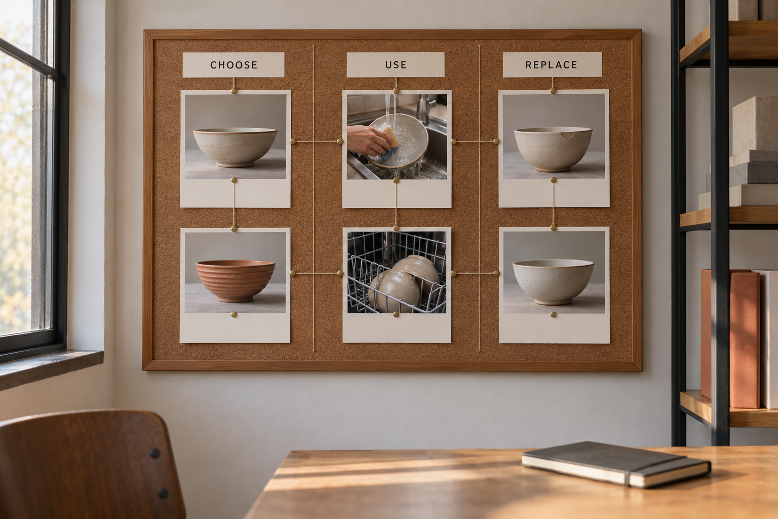 Wall-mounted dinnerware education board linking product choice, everyday care, and replacement information with cards