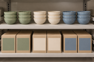 Sage, ivory and blue ceramic bowls displayed above closed retail cartons with matching color panels on a store shelf