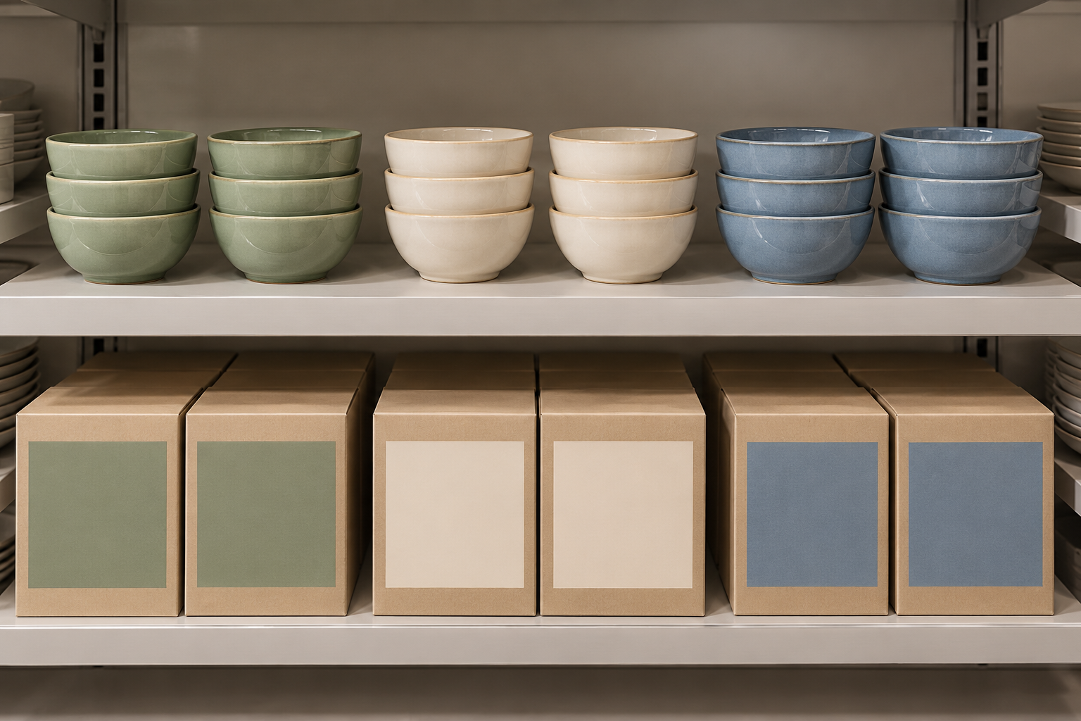 Sage, ivory and blue ceramic bowls displayed above closed retail cartons with matching color panels on a store shelf