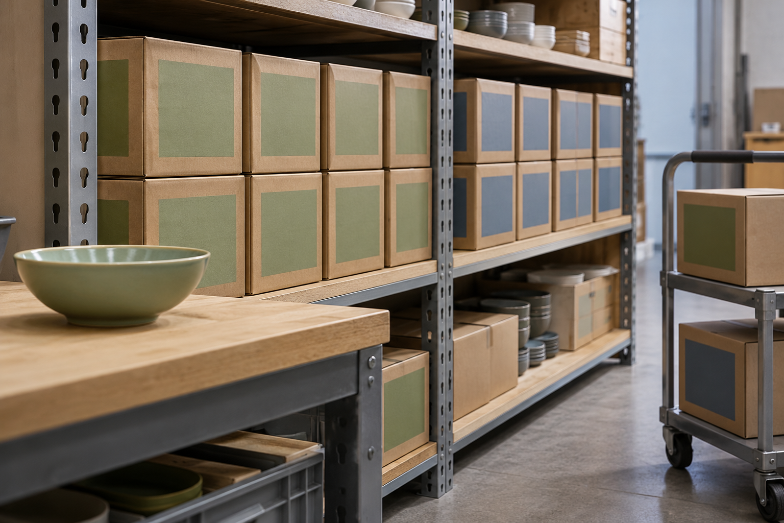 Closed dinnerware cartons grouped by green and blue color panels on stockroom shelves beside a small restocking trolley