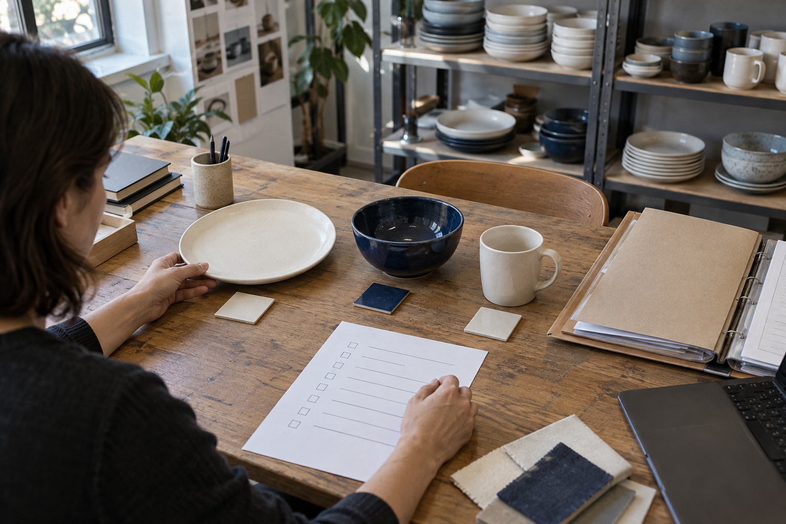 Buyer comparing ceramic plate bowl and mug samples with an organised product evidence checklist before an EU market launch