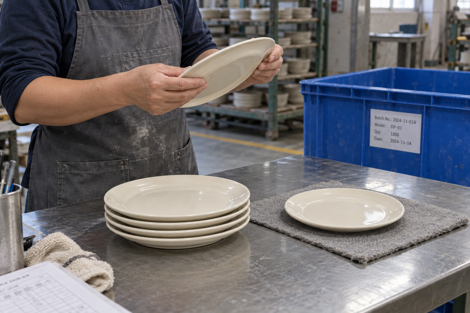 Worker inspecting a ceramic plate beside a short stack and flat retained sample, with a labelled batch tote behind