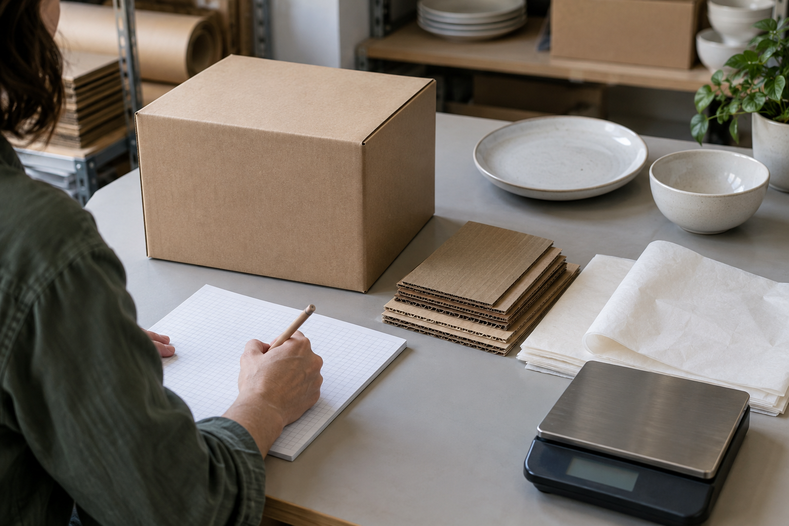 Unbranded dinnerware carton with corrugated dividers paper wrap and scale during a ceramic packaging material review